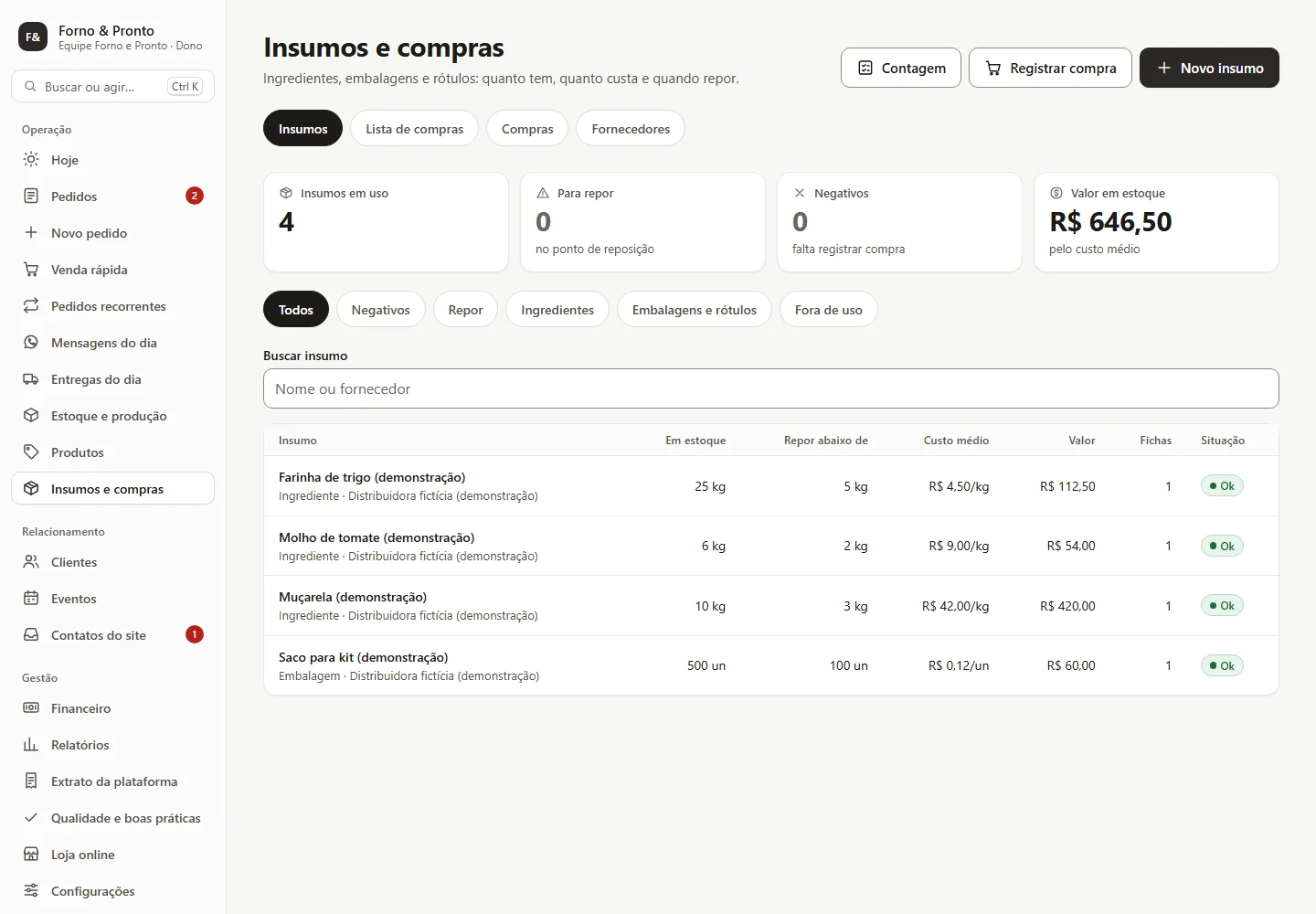 Tela de demonstração da plataforma: compras e insumos