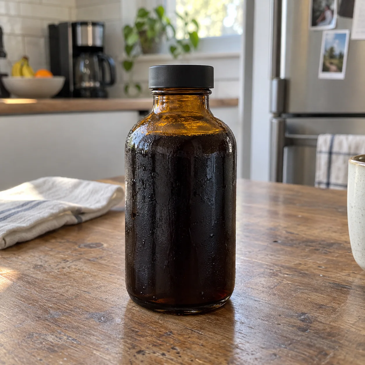 Cena conceitual criada com IA: garrafa de café sem marca sobre a mesa de cozinha