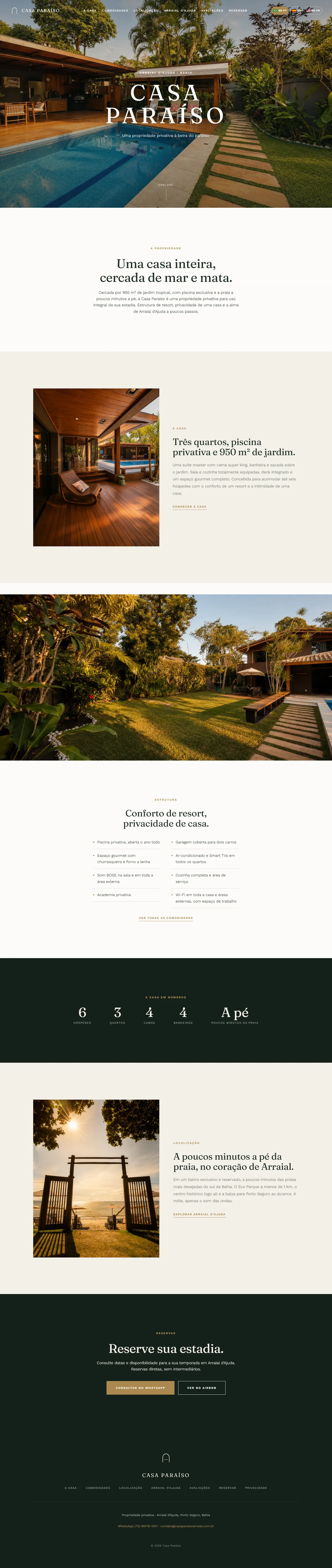 Site completo da Casa Paraíso com ambientes da casa e conteúdo em três idiomas