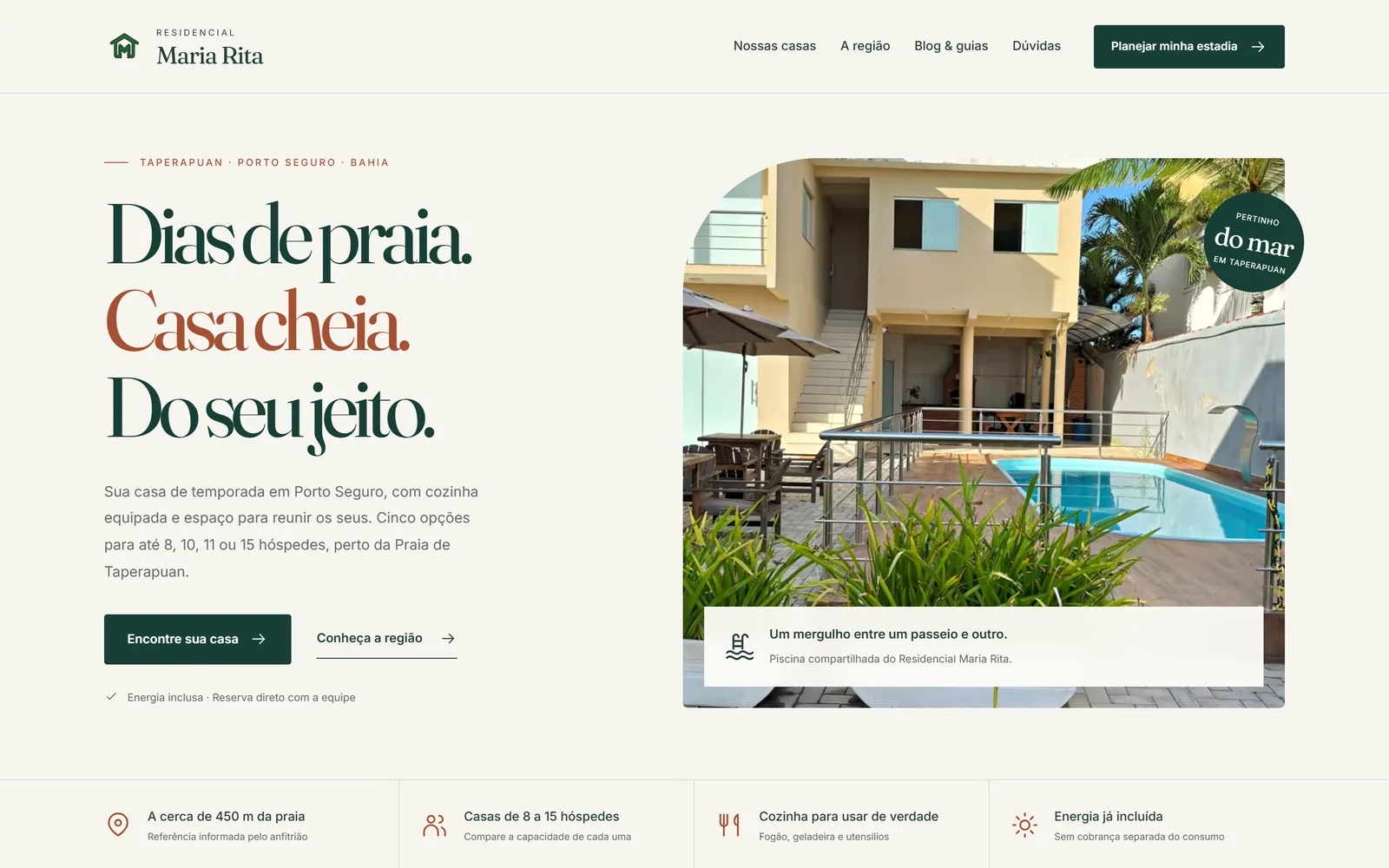 Página inicial do site do Residencial Maria Rita, casas de temporada em Porto Seguro