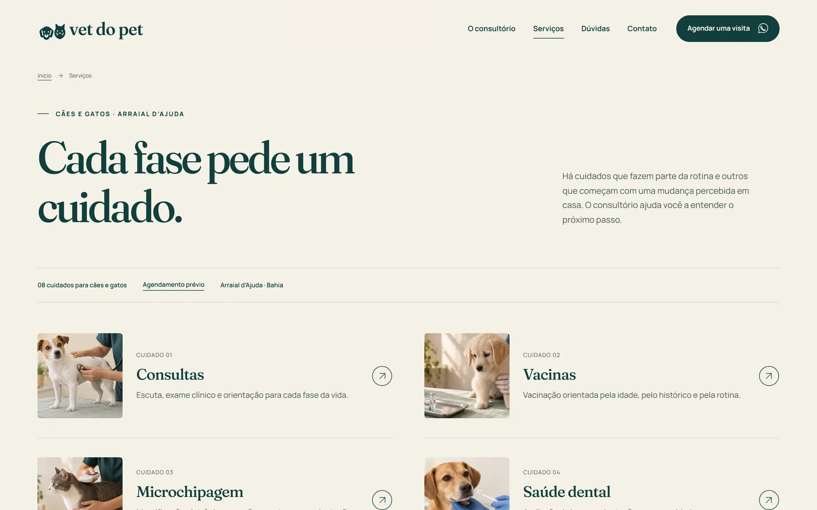Página de serviços veterinários da Vet do Pet