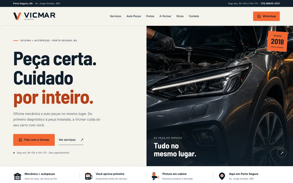 Primeira tela do site da Vicmar: carro na oficina e acesso aos serviços